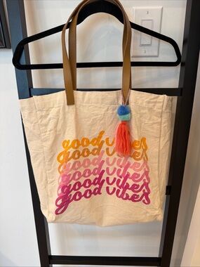 Canvas Tote Bag in Cream with Orange-to-Pink 'Good Vibes' Print